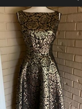 Bettie Page Black and Gold Rose Brocade Fit-and-Flare Dress